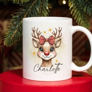 Christmas Reindeer PNG Mug, Xmas Kids Custom Name PNG Mug, Christmas Sublimation Mug, Transfer Wrap Mug Template, Coquette Bow Reindeer PNG.