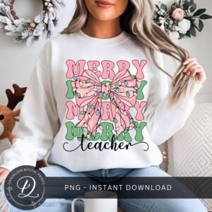 Merry Teacher PNG, Teacher Christmas PNG, Merry Christmas Png, Xmas Teacher Coquette Bow Png, Teacher Sublimation Design Digital Download.