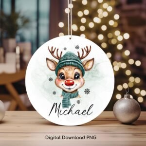 Christmas PNG Personalized Ornament, Winter Reindeer PNG, Christmas Keepsake Sublimation, Kids Custom Name PNG Design, Digital Download.