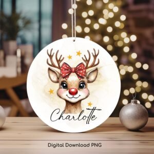 Christmas PNG Personalized Ornament, Coquette Bow Reindeer PNG, Xmas Keepsake Sublimation, Kids Custom Name PNG Design, Digital Download.
