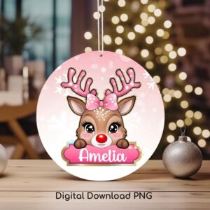 Christmas PNG Personalized Ornament, Winter Pink Reindeer PNG, Christmas Keepsake Sublimation, Kids Custom Name Frame PNG, Digital Download.