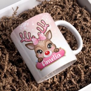 Digital Design PNG Mug, Xmas Kids Custom Name PNG Mug, Christmas Sublimation Mug, Transfer Wrap Mug Template, Pink Christmas Reindeer PNG.