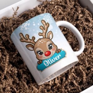 Digital Design Mug PNG, Xmas Kids Custom Name PNG Mug, Christmas Sublimation Mug, Transfer Wrap Mug Template, Pink Christmas Reindeer PNG.