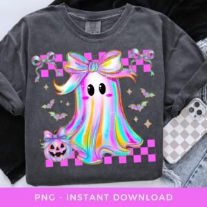 Iridescent Ghost PNG, Halloween Sublimation, Cute Neon Ghost Clipart, Girly Coquette Bow PNG, Printable Spooky Siason. Checkered Ghost PNG-