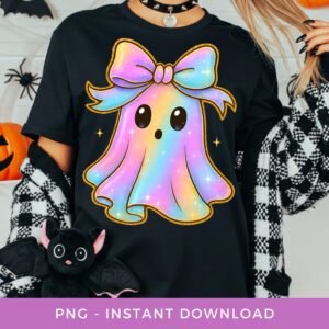 Iridescent Ghost PNG, Halloween Sublimation, Cute Neon Ghost Clipart, Girly Ghost Shirt PNG, Printable Spooky Season. Fall Coquette Bow PNG.