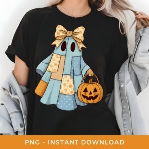 Patchwork Ghost Png, Retro Halloween Sublimation, Pumpkin Clipart, Girly Ghost Shirt PNG, Printable Spooky Season. Fall Coquette Bow PNG.