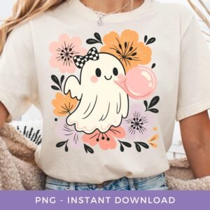 Cute Ghost PNG, Retro Halloween Sublimation, Boo Floral Clipart, Girly Fall Shirt PNG, Printable Spooky Season. Ghost Blowing Bubble PNG.