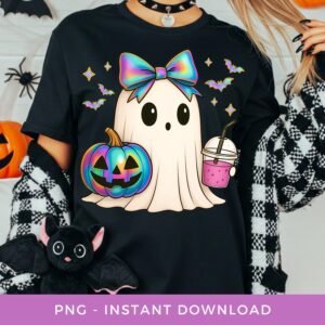 Cute Ghost PNG, Halloween Sublimation, Iridescent Pumpkin Clipart, Girly Ghost Shirt PNG, Printable Spooky Season. Fall Coquette Bow PNG.