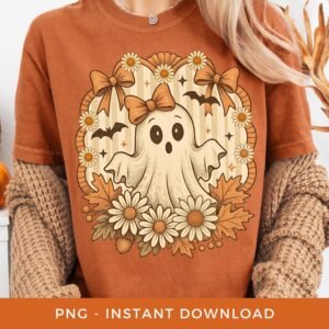 Retro Ghost Png, Preppy Halloween Sublimation, Floral Fall Clipart, Girly Ghost Shirt PNG, Printable Spooky Season. Autumn Coquette Bow PNG.