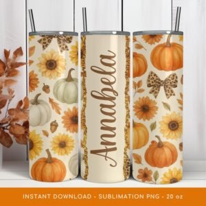 Floral Tumbler Wrap, Preppy Fall Pumpkin PNG Tumbler, Coquette Bow Thanksgiving Sublimation, Custom Name Tumbler Design, Digital Download.