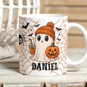 Halloween PNG Mug, Add Name Mug File for Sublimation, Cute Boy Ghost Mug Wrap, Custom Kids Mug Transfers 11oz & 15oz, Digital Download.