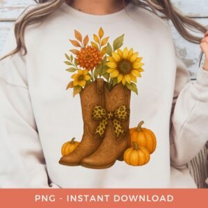 Floral Fall Season PNG, Cowgirl Boots Clipart, Autumn Sunflower Sublimation, Western Flowers Shirt Design, Southern Fall PNG, Pumpkins PNG.