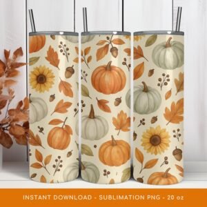 Pumpkin Tumbler Wrap, Fall Floral PNG Tumbler, Autumn Tumbler Sublimation, Sunflowers Pattern  20oz Tumbler Design, Digital Download.