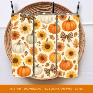 Pumpkin Tumbler Wrap, Fall Floral PNG Tumbler, Autumn Tumbler Sublimation, Sunflowers Pattern  20oz Tumbler Design, Digital Download.