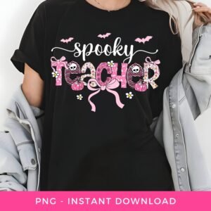 Spooky Teacher PNG, Fall season School Clipart, Preppy Halloween PNG, Pink Teacher Coquette Bow Png, Girly Teacher Doodle Png, Pumpkin PNG,