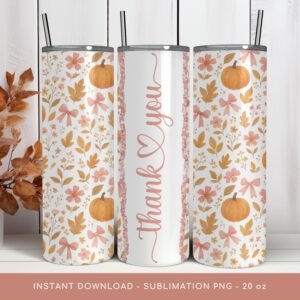 Preppy Floral Tumbler Wrap, Fall Coquette Bow PNG Tumbler, Thanksgiving Sublimation, Pumpkin Pattern 20oz Tumbler Design, Digital Download.