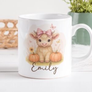 Highland Cow Mug Wrap, Custom Name Sublimation Mug, Cute Baby Cow PNG Mug, Thanksgiving Mug Transfers 11oz & 15oz, Fall Pumpkin PNG Mug.