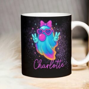 Halloween PNG Mug, Add Name Mug PNG File for Sublimation, Cute Girly Ghost Mug Wrap, Custom Kids Mug Transfers 11oz & 15oz, Digital Download