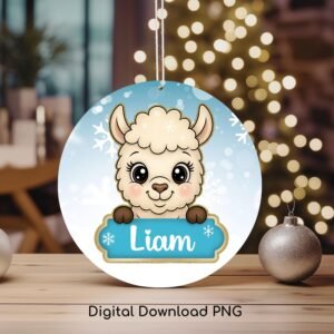Christmas PNG File, Winter Cute Llama PNG, Xmas Keepsake Sublimation, Kids Custom Name Round Ornament PNG, Baby Llama Digital Download.