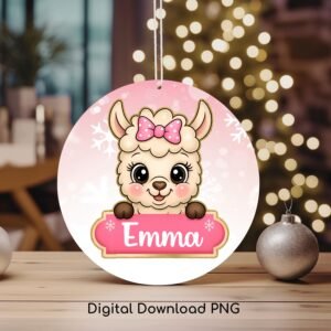 Christmas PNG File, Winter Cute Llama PNG, Xmas Keepsake Sublimation, Kids Custom Name Round Ornament PNG, Baby Llama Digital Download.