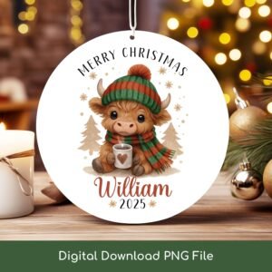Christmas PNG File, Cute Highland Cow Printable Design, Personalized Round Ornament PNG, Kids Custom Name Xmas Keepsake, Digital Download.