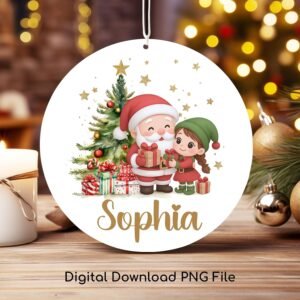 Christmas PNG File, Santa Printable PNG Design, Personalized Round Ornament PNG, Kids Custom Name Xmas Santa Elf Keepsake, Digital Download