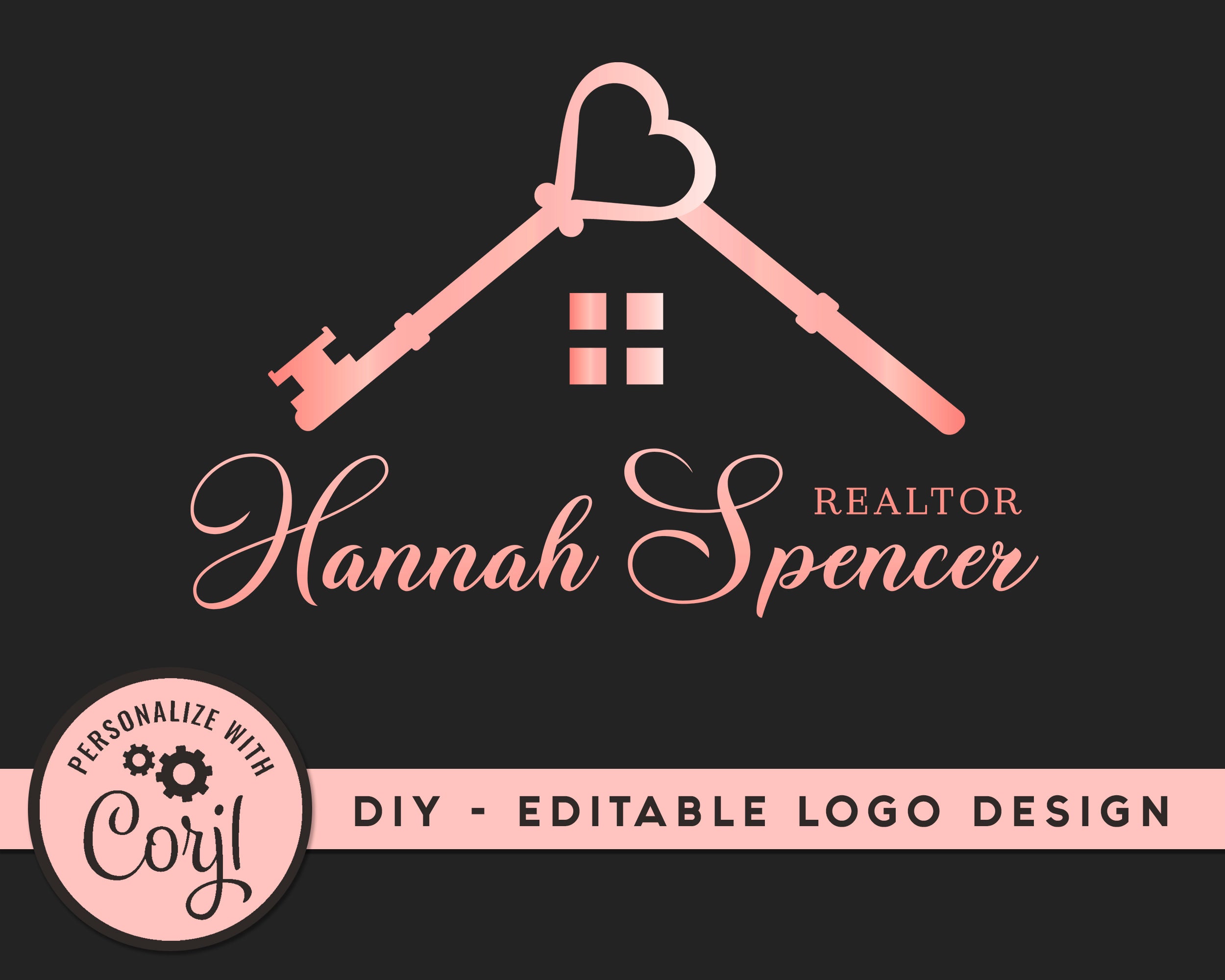 DIY Realtor Rose Gold Logo. Heart and Key Premade Real Estate Logo Template is an editable logo design. High-Quality Instant Download