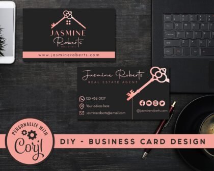 Editable Rose Gold Business Card for Real Estate Agents. DIY Realtor Card Template Design. Print-Ready High-Resolution Instant Download