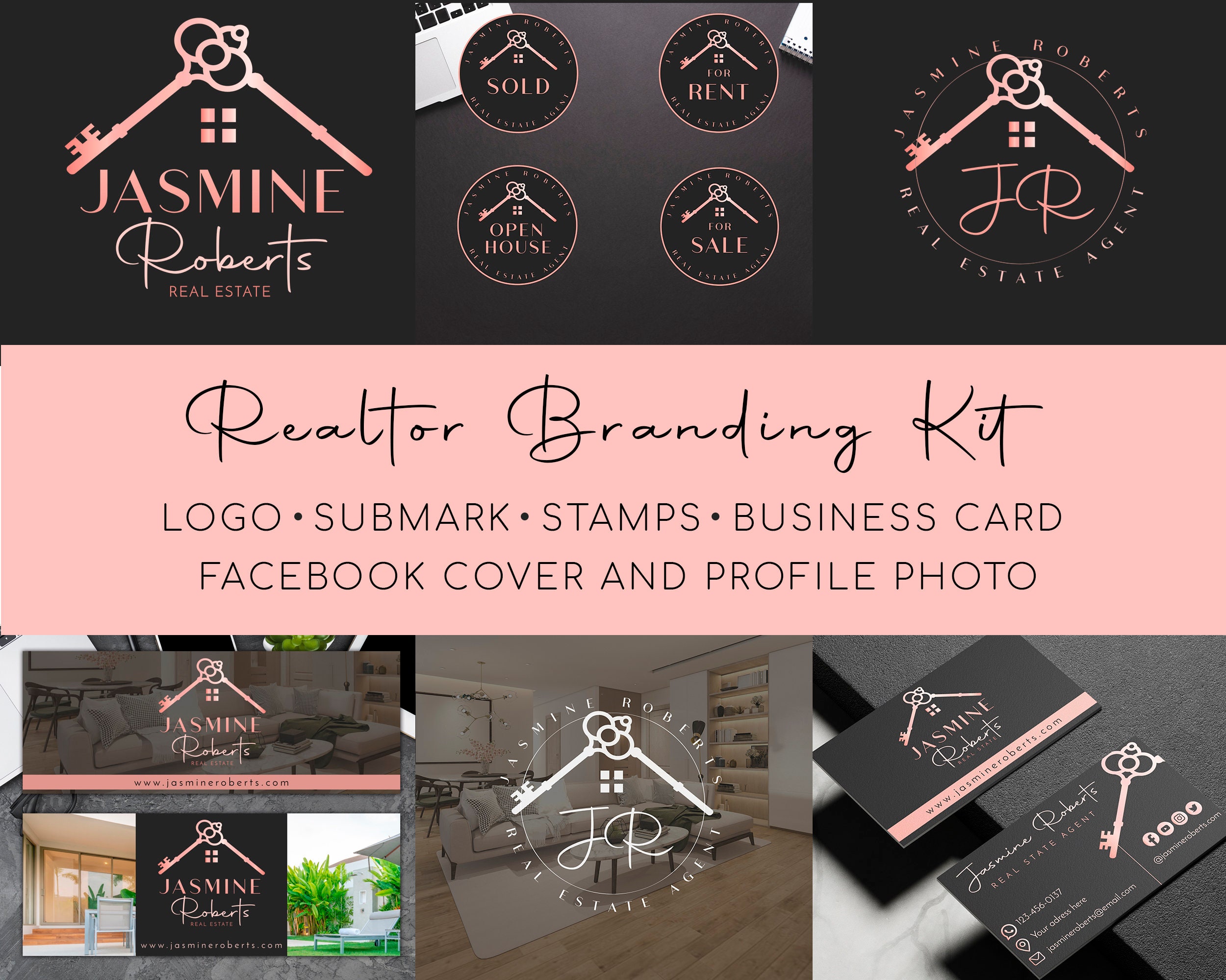 DIY Real Estate Rose Gold Branding Kit: Logo +  2 Sided Business Card + Facebook Cover + Stamps / Instagram Highlights - Instant Download