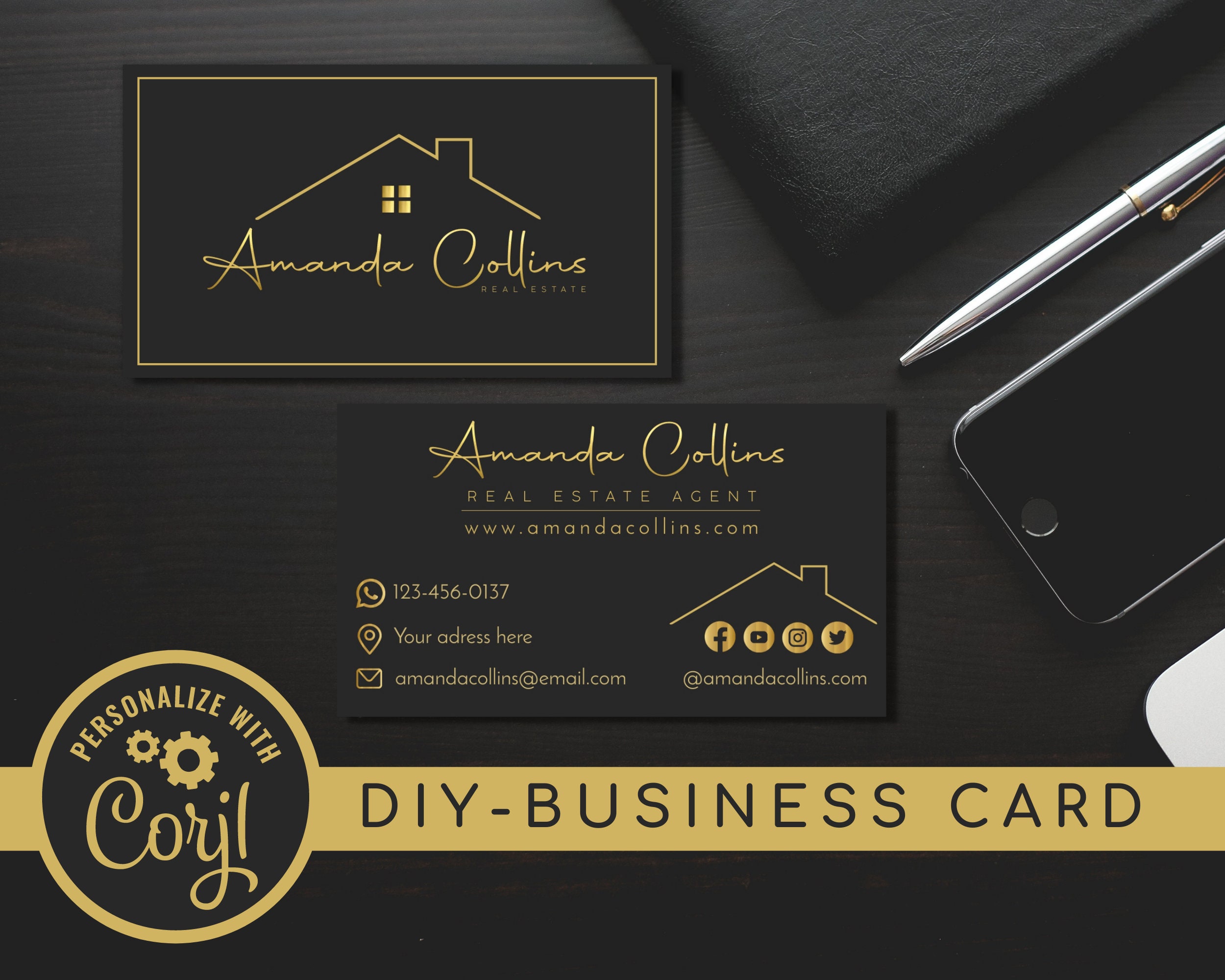 Editable Business Card for Real Estate Agents. DIY Realtor Card Template Design. Print-Ready High-Resolution Instant Download