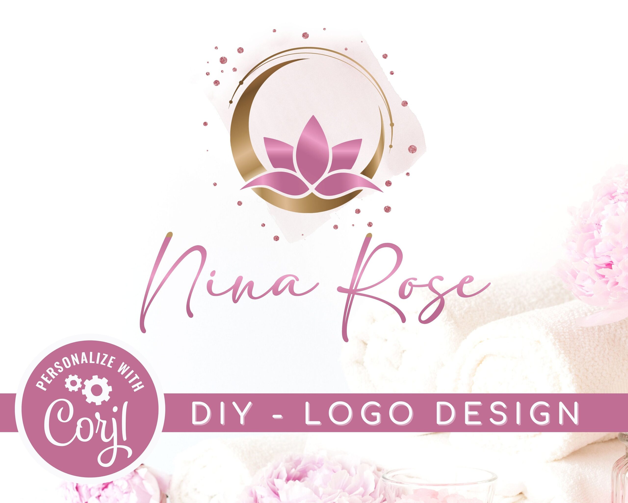 DIY Rose Gold Logo Template -  Moon Lotus -  Beauty Salon -  SPA -  Cosmetics -  Make Up -  Editable Premade Logo Design -  High-Quality Instant Download