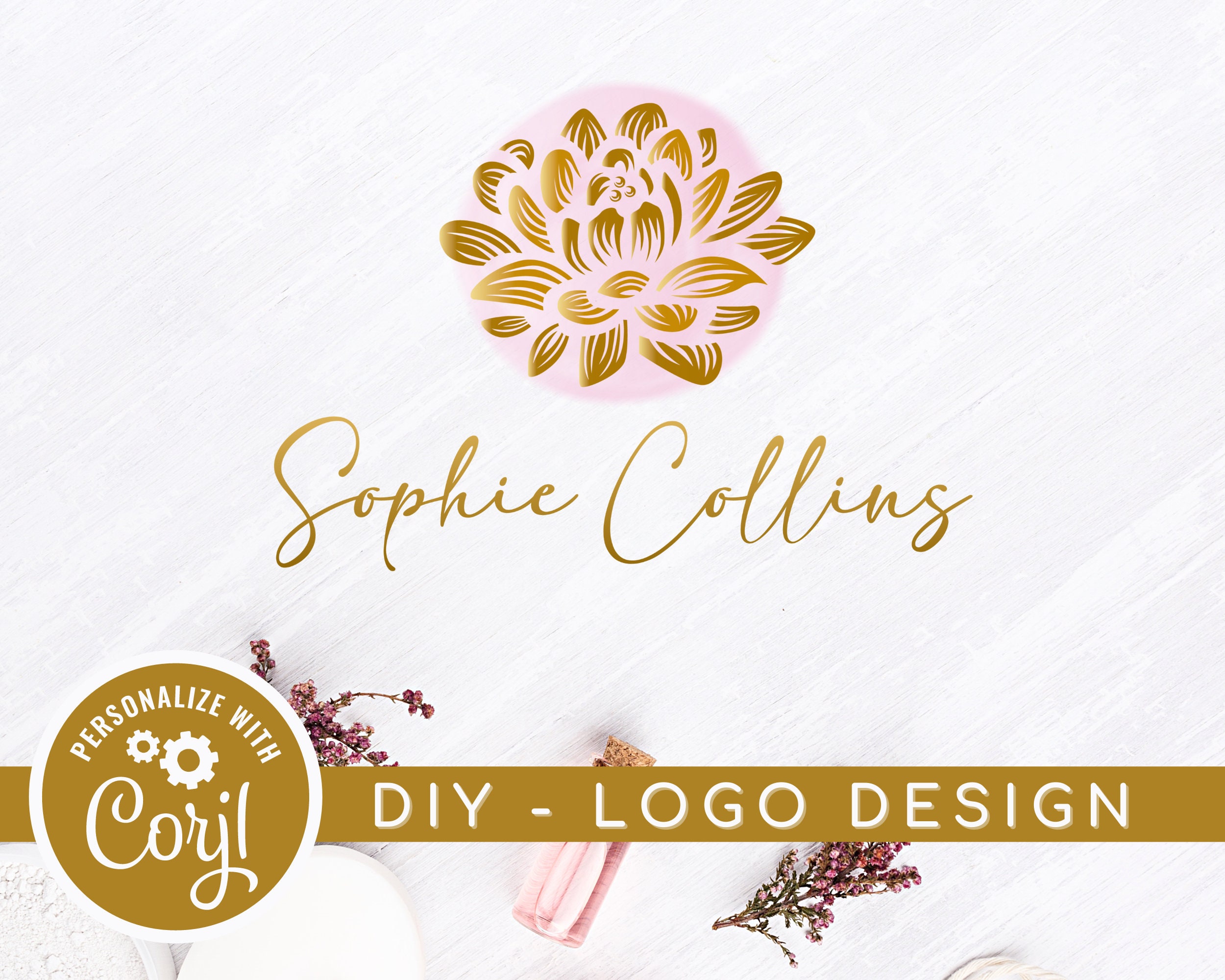 DIY Golden Lotus Logo Template -  Lotus Flower Design -  Editable Art Design -  Wellness Life Coaching Logo -  Premade Logo Design Instant Download