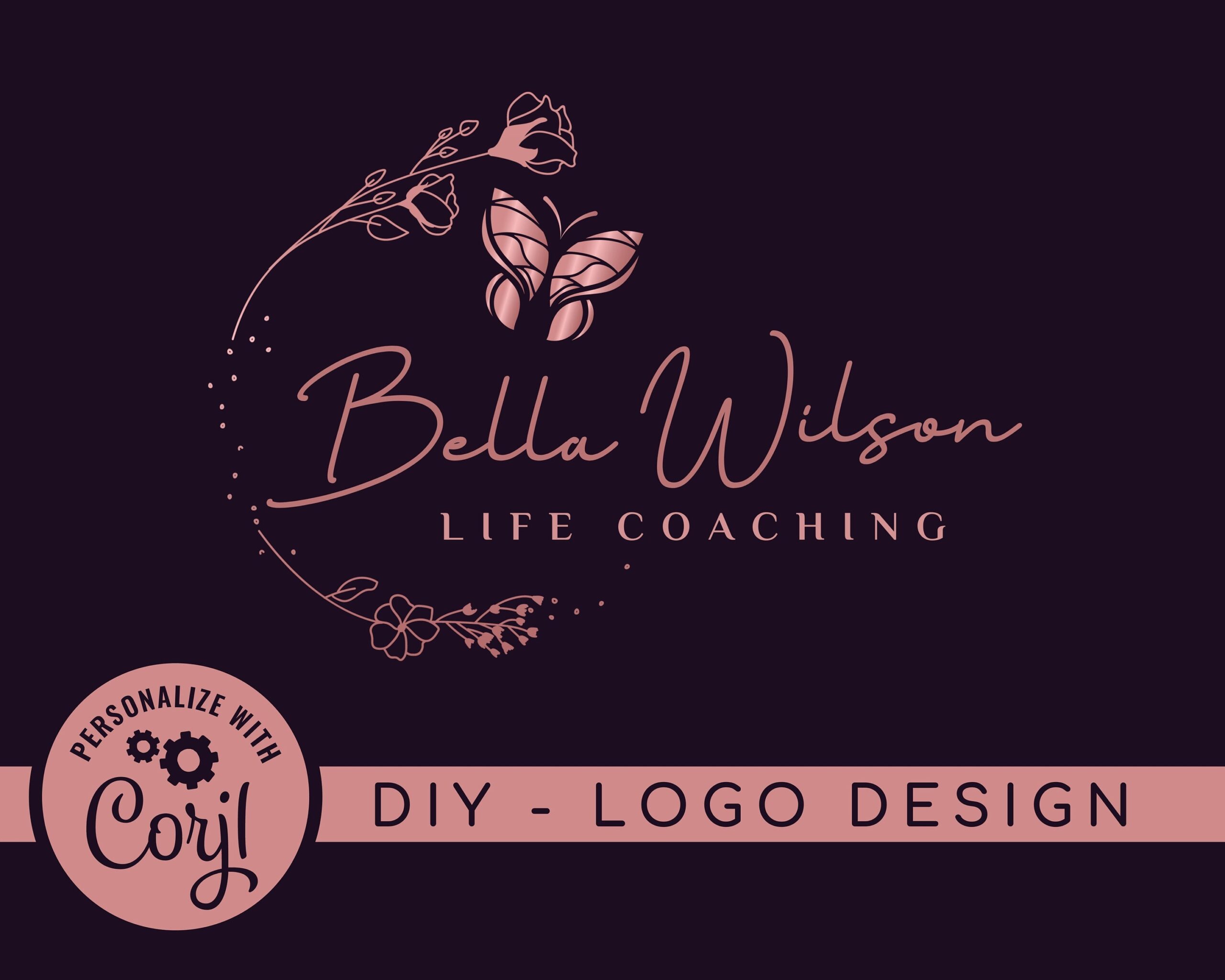 Editable Logo Design -  Rose Gold Life Coaching Butterfly -  Nature and Beauty DIY Design Template -  Wellness Life Coaching Logo -  Premade Logo