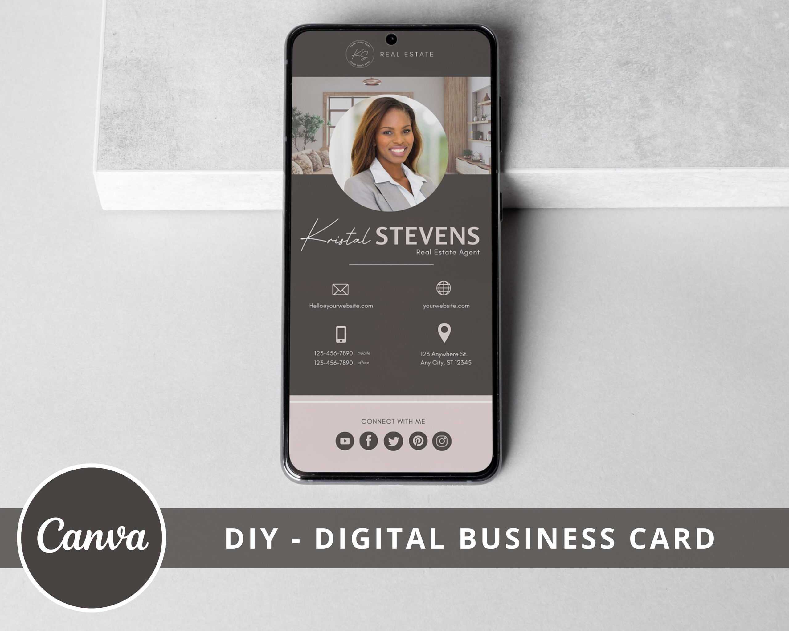 Editable Virtual Business Card -  Digital Business Card for Real Estate Agents - DIY Canva Template - VCard Template - Instant Download