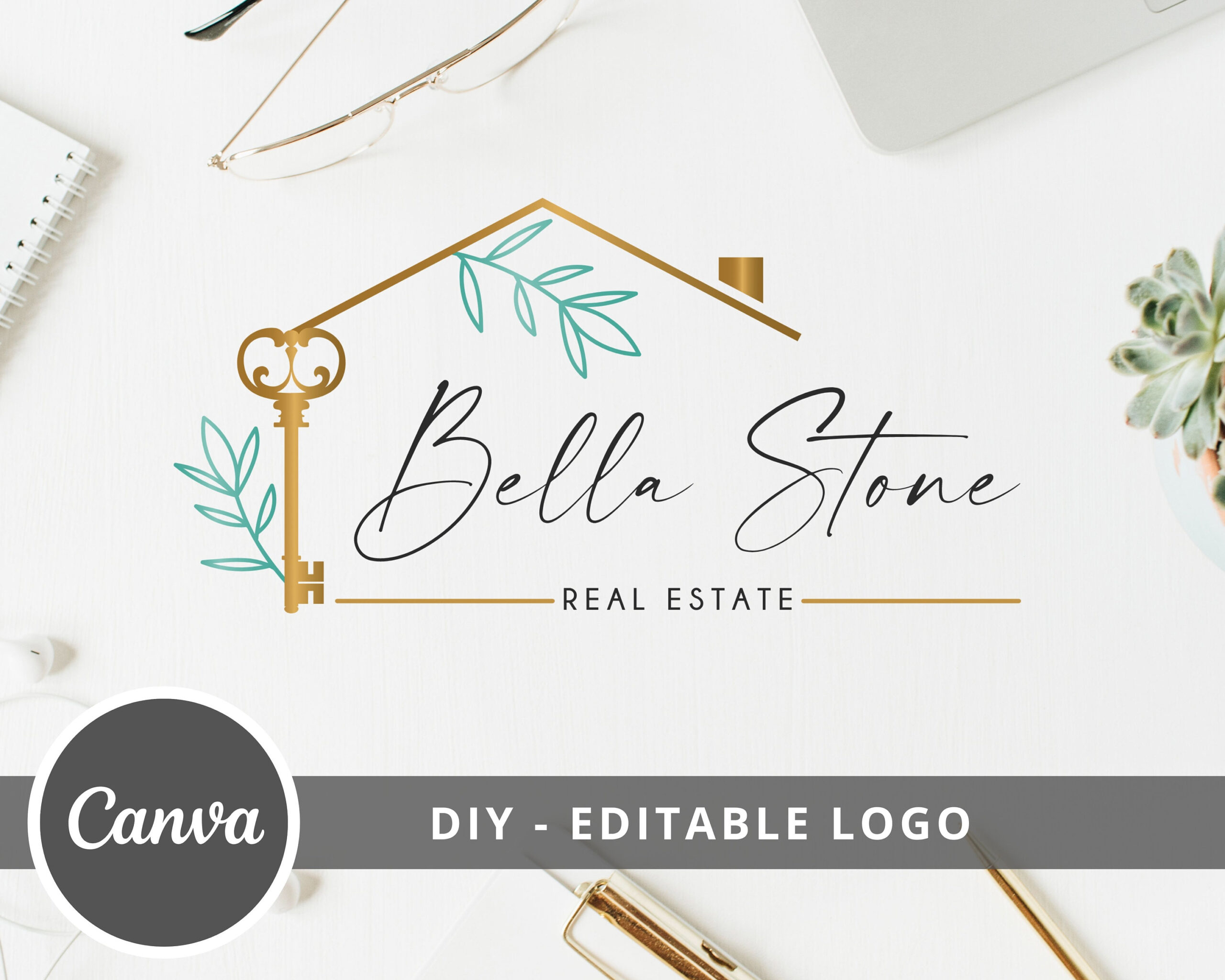 Editable Logo Template -  DIY Real Estate Logo Design - Canva Template - Gold and Teal House and Leaves - Instant Access -  Edit & Download