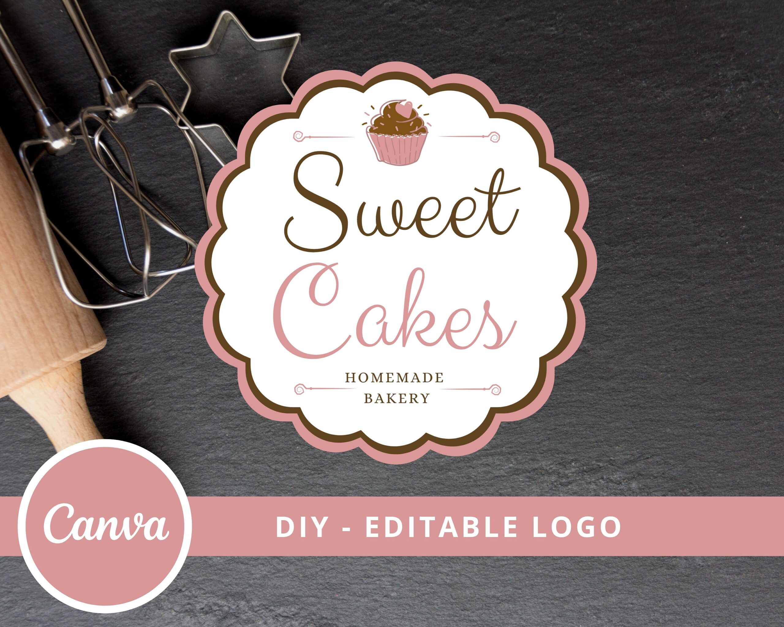 DIY Bakery Logo -  Edit Yourself Logo Design -  Canva Template for Baking Logo -  Cupcake -  Sweets Dessert Shop -  Chef Baker -  Cake -  Instant Download