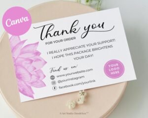 Business Thank You Card Template - Floral Pink Design. Edit and Print, Thank you for your order. Small Business Thank Card - Instant Access