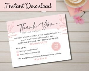 Business Thank You Card - Code Discount Coupon, Pink Floral Thank Coupon Card. Instant Download, Edit & Print - Print-Ready, Instant Access
