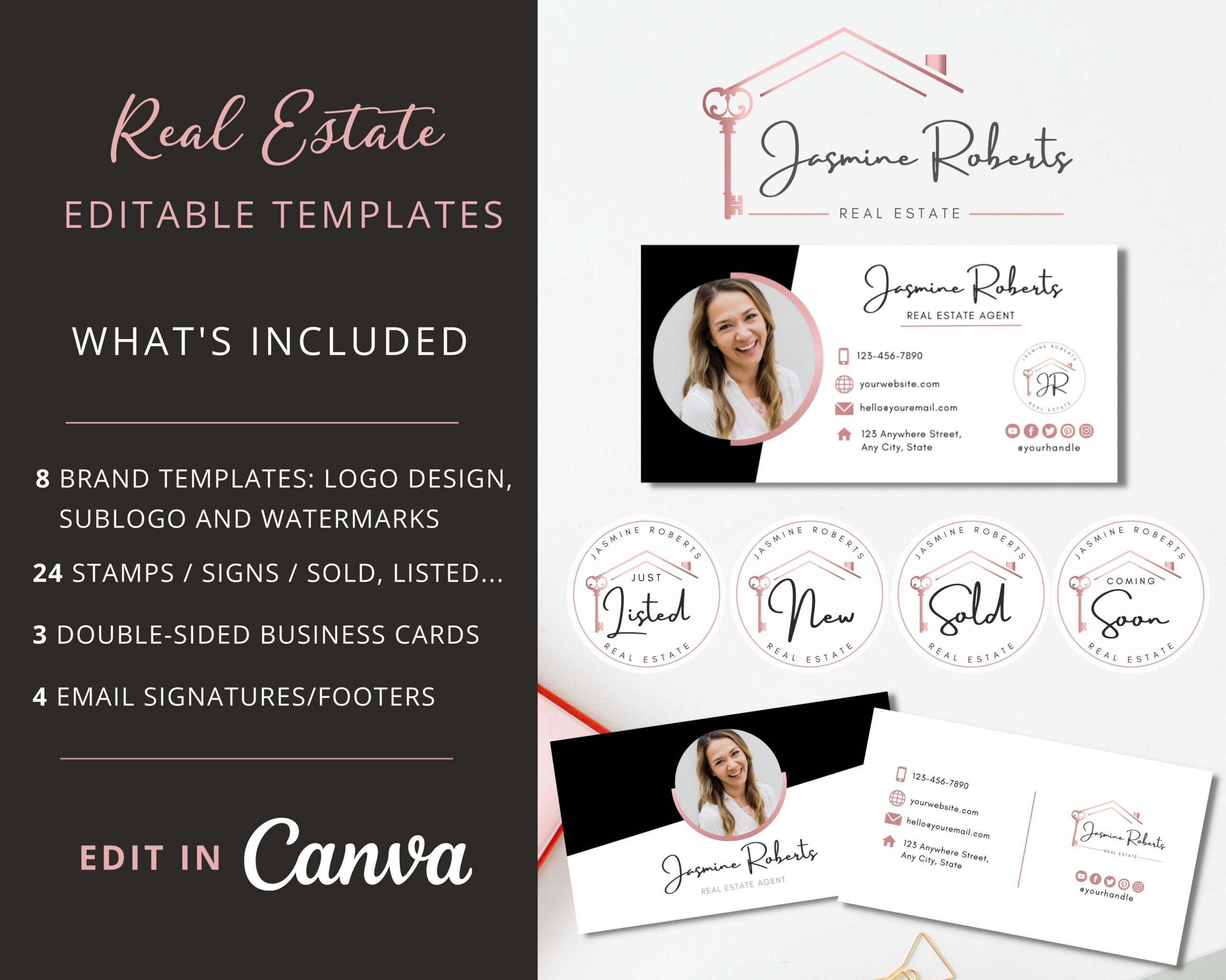DIY Rose Gold Real Estate Female Agent Branding Kit. Marketing Materials: Logos, Sublogos, Business Cards, Email Signatures, Stamps - Instant Access