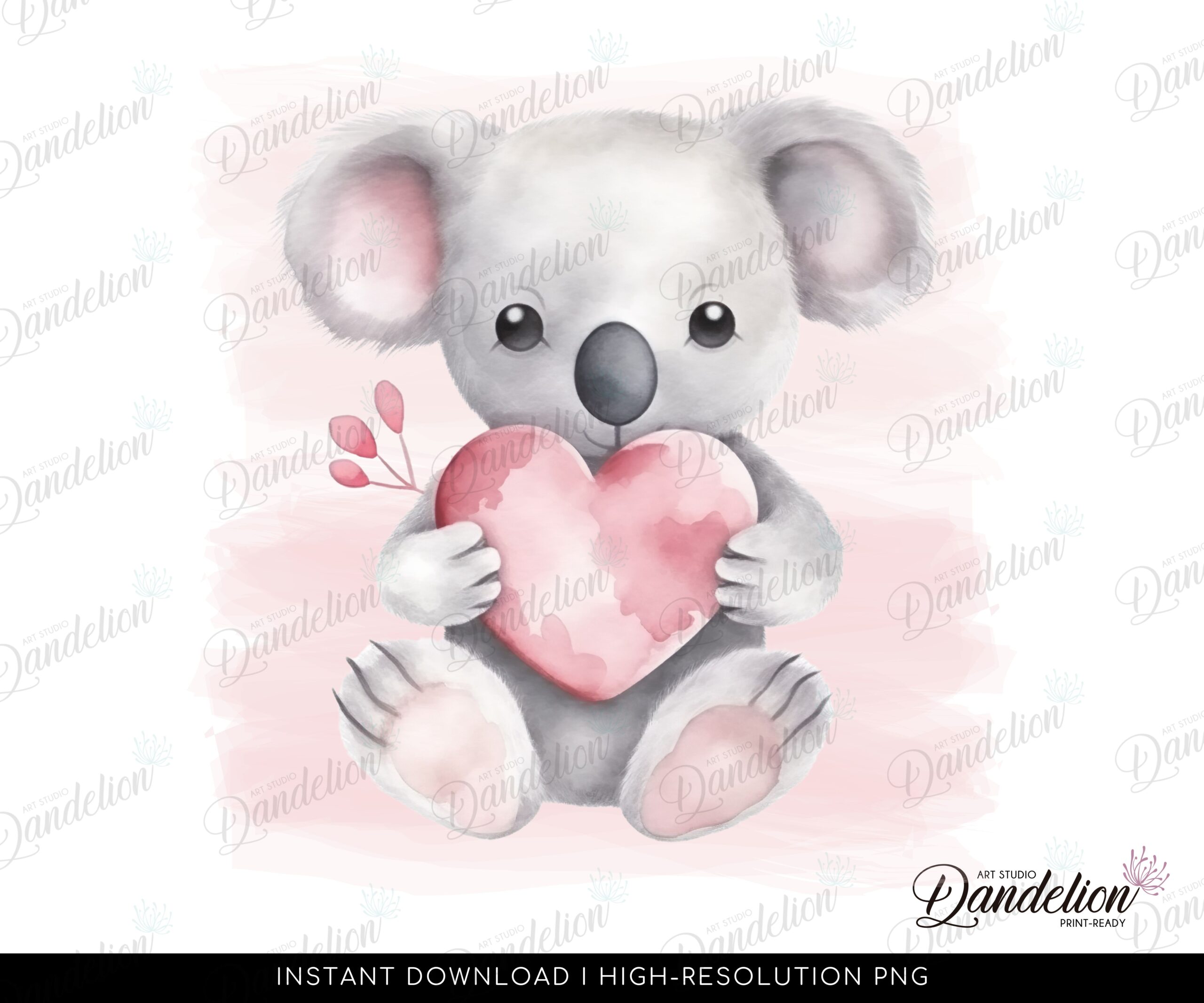 PNG File - Sublimation Design: Cute Watercolor Koala Holding a Heart - Koala Shirt, Koala Wallart, Heart & Love Cute Koala - Instant Access