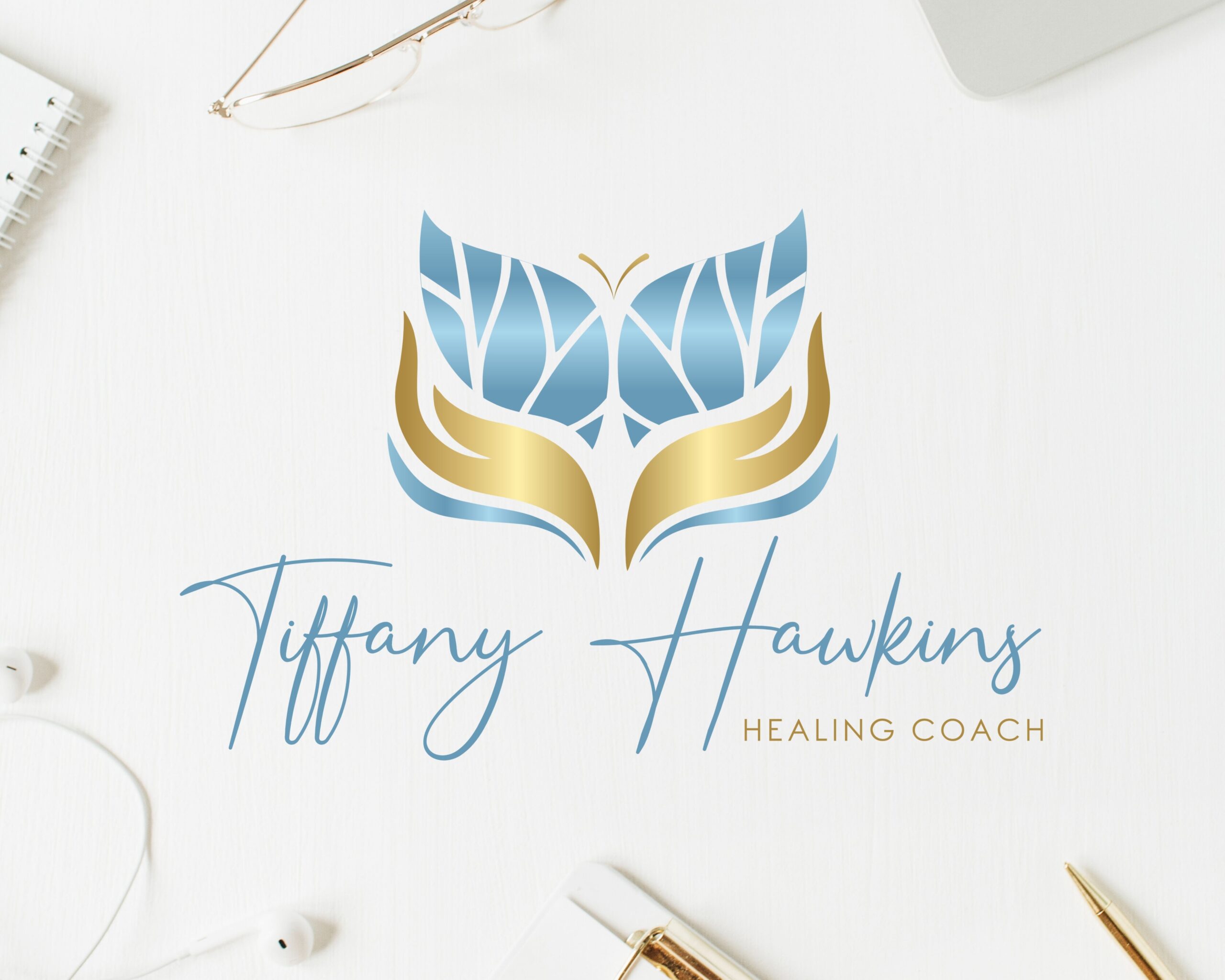 Premade Logo, Custom Wellness Logo. Healing Butterfly Blue and Gold Logo Design. Wellness, Life Coach, Hand Logo, Wings Logo, Signature Logo