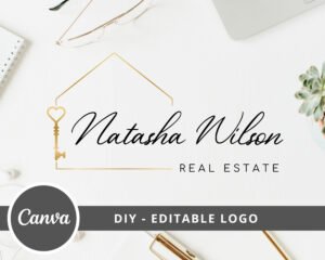 DIY Real Estate Logo Design, Real Estate Editable Template, Golden Key, Heart and House Logo Signature - Edit in Canva - Instant Access