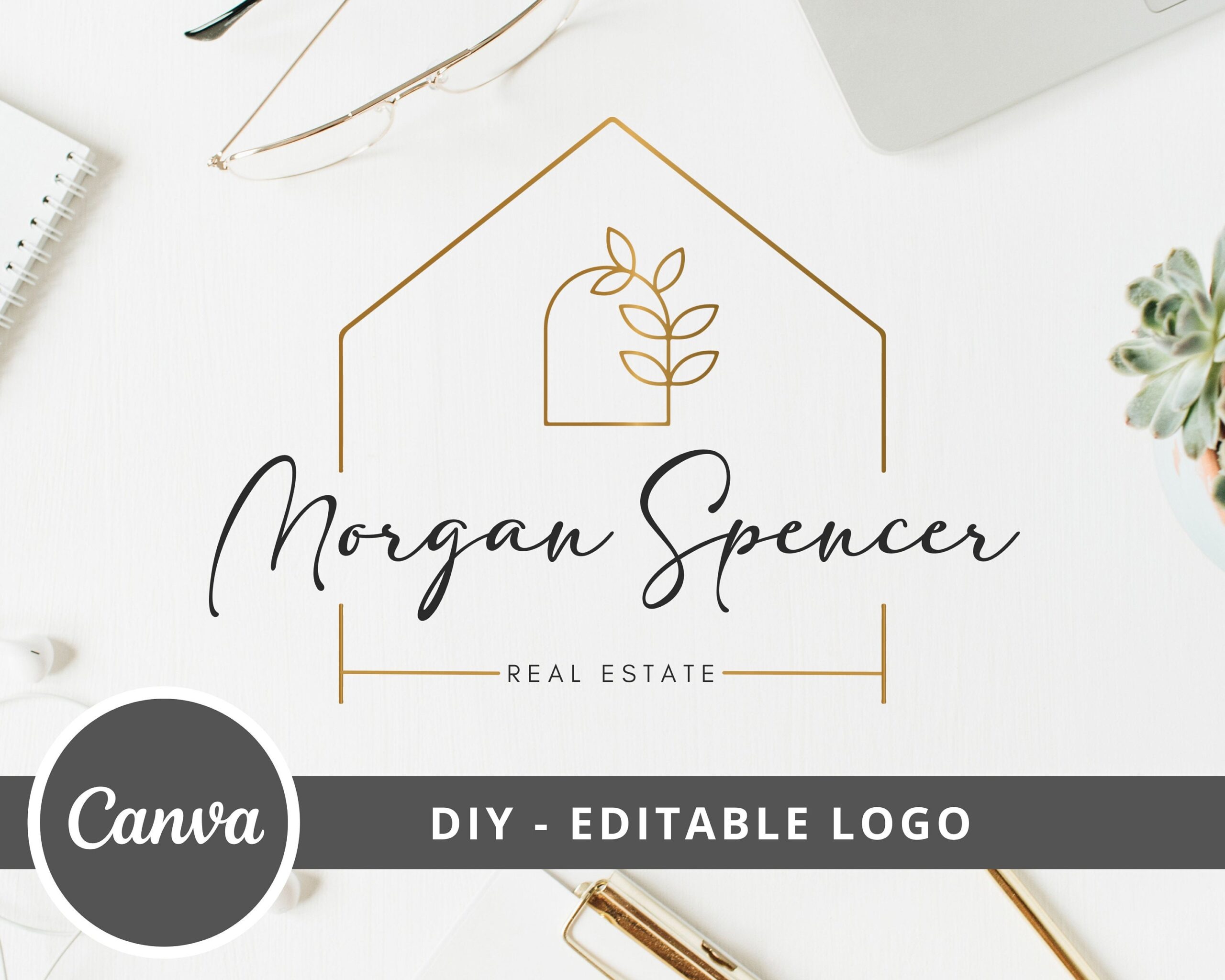 DIY Real Estate Logo Template, Logo Design Canva Template for Real Estate - Gold and Black, House Window Leaves, All Included Instant Access
