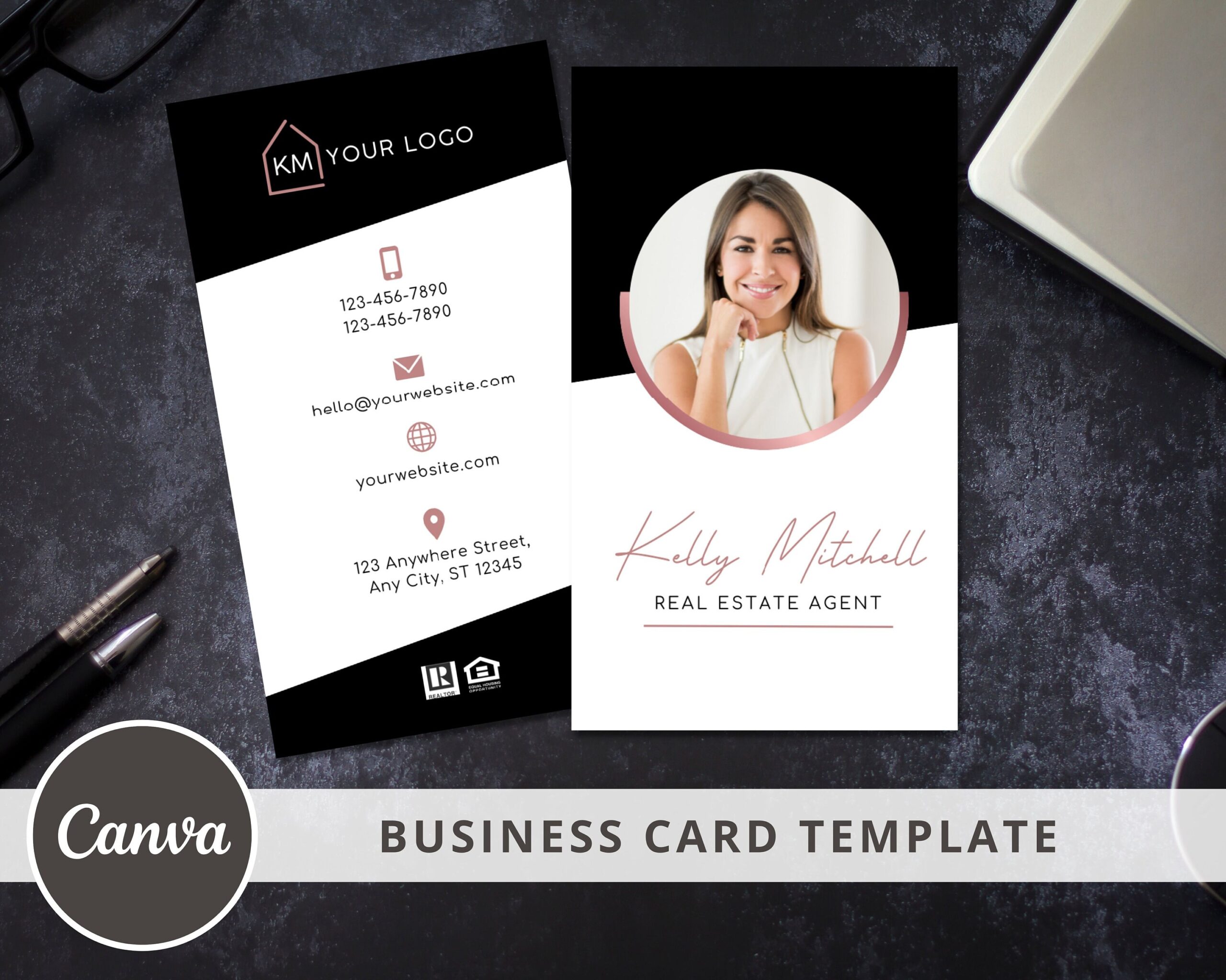 Vertical Business Card Template for Feminine Real Estate Agents - Canva Editable Template - Print-Ready Card Template - Instant Access PDF