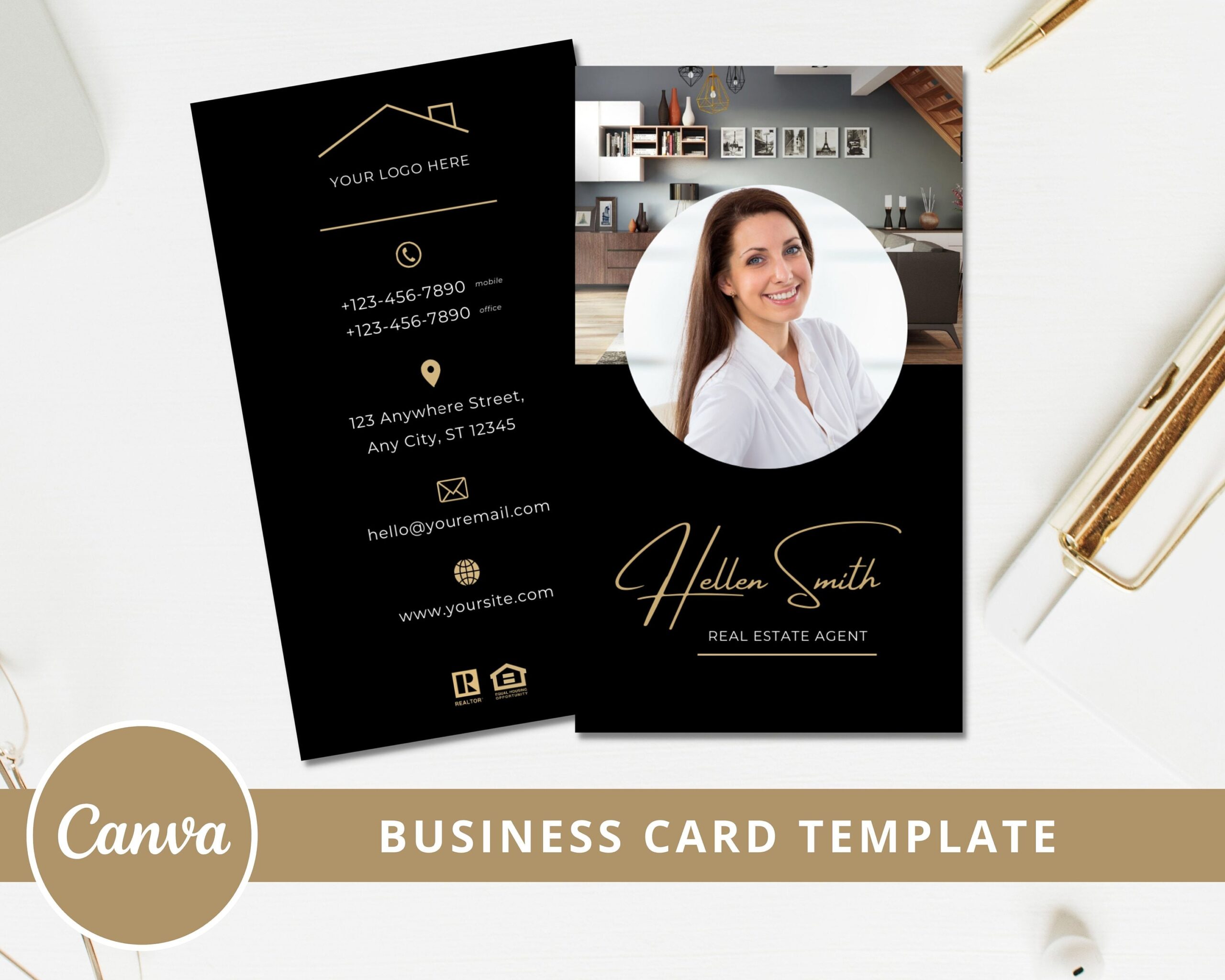 Business Card Template, Real Estate Agent, Black and Gold Realtor Card - Canva Template - Double Sided Card Template - Instant Access PDF