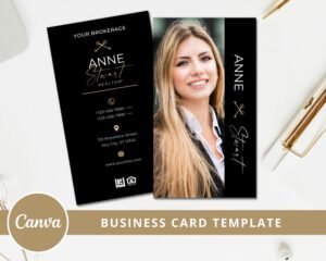 Business Card Template, Real Estate Agent, Black and Gold Vertical Card for Realtor, Double Sided Card, Canva Template - Instant Access PDF