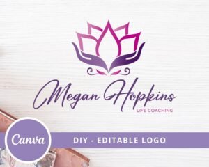 DIY YOGA LOGO is an editable logo template for Yoga, Spa, Wellness center, Spiritual Healing, Lotus Flower, Life Coaching. Instant Access