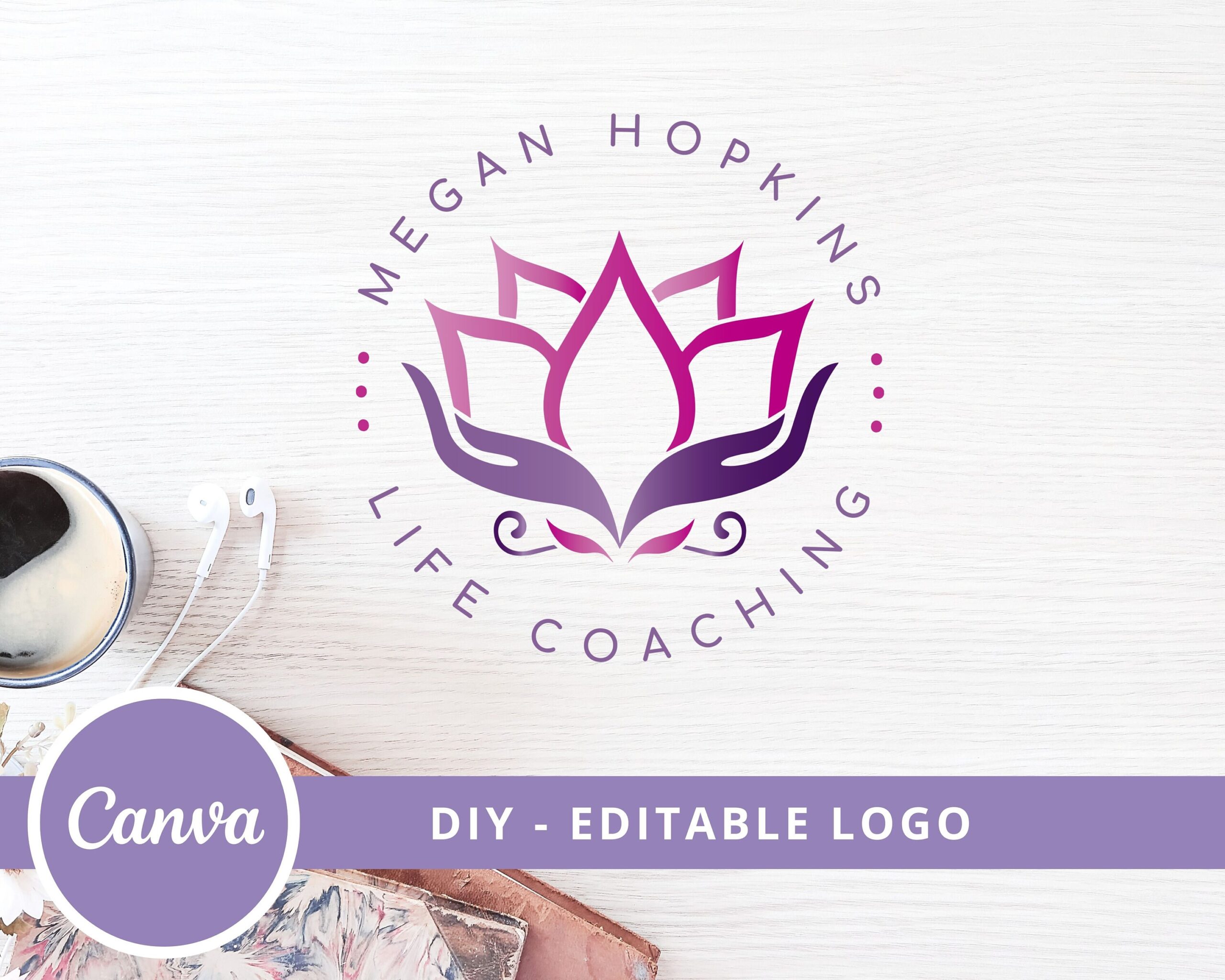 Premade Logo Design DIY Editable Template in Canva, Hand Lotus Flower Logo, Yoga, Spa, Wellness Life Coaching, Care Logo, Mandala Logo