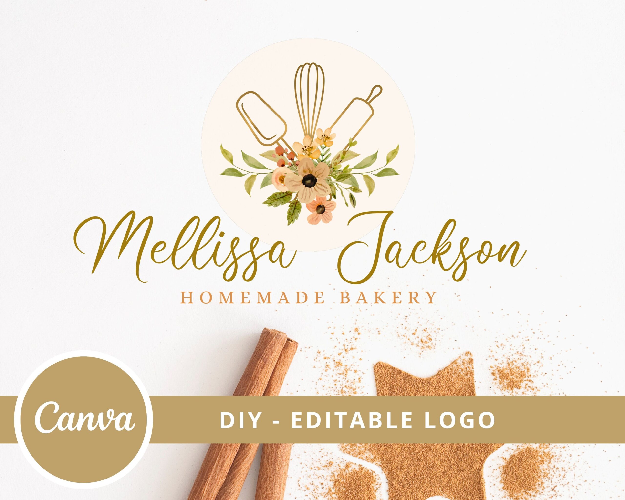 DIY Vintage Bakery Logo Design, Canva Editable Template, Watercolor Floral Logo Design, Cookie Logo, Editable Logo Templates, Instant Access