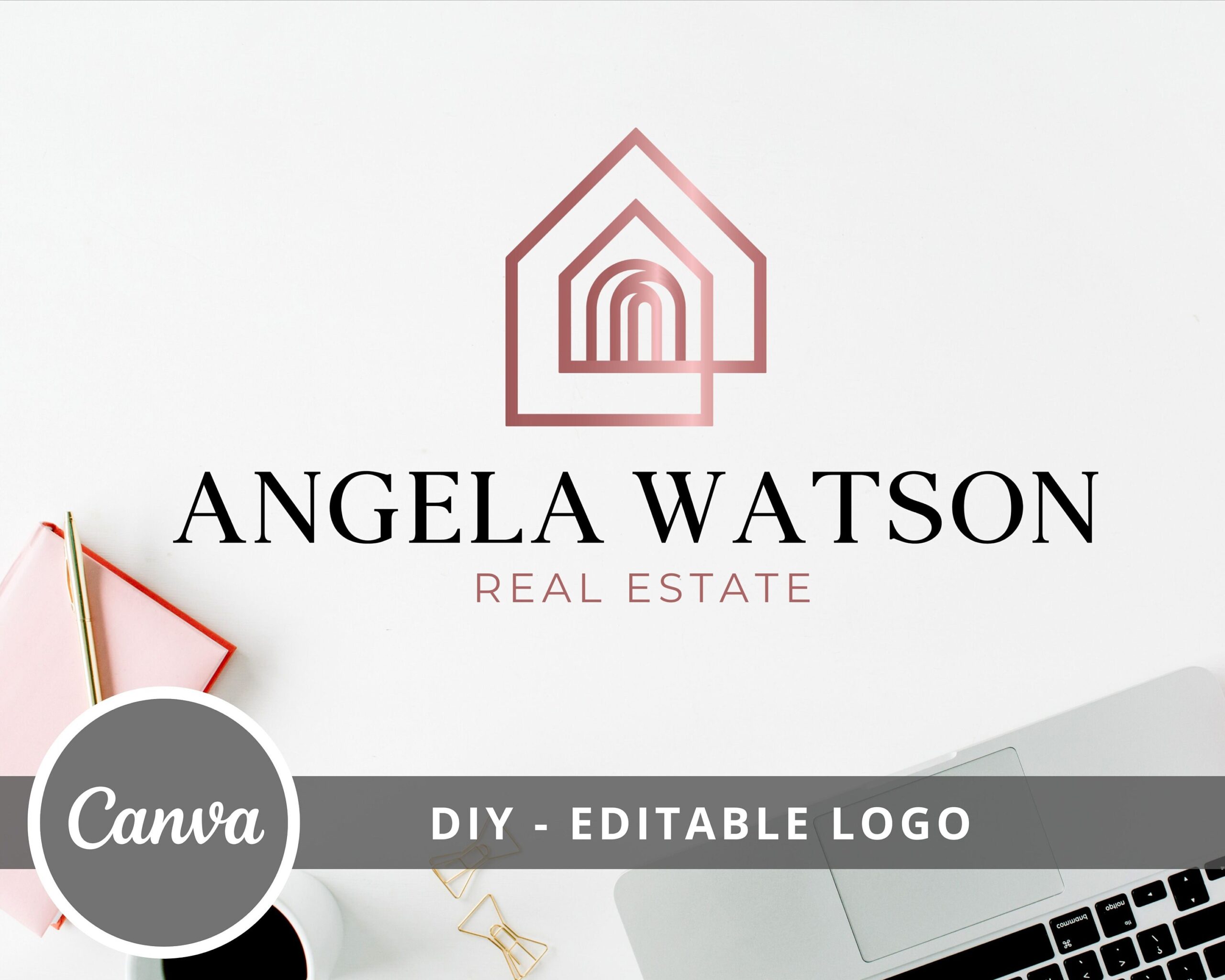 Editable Real Estate Logo, DIY Logo Template, Modern Rose Gold Logo, Canva Template, Edit & Download - House Logo - DIY Agent Logo Design
